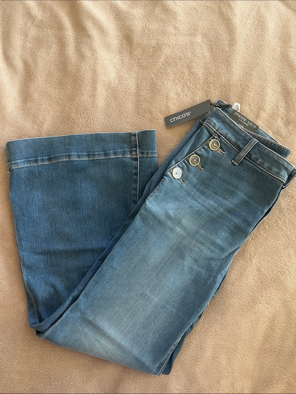 Chico's Blue Flare Wide-Leg Jeans.